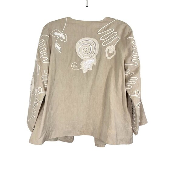 Retro Floral Linen Jacket M Tan Preppy Classic Chic Sequin Artsy Boho Western - Picture 8 of 14